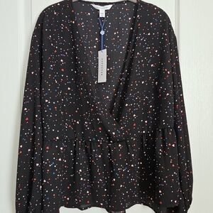 POPSUGAR Sheer Crossover Babydoll Top Blouse XXL Black Ditzy Hearts Cute Goth